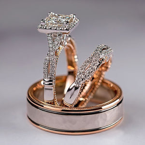Huitan Gorgeous Women/Men Wedding Set Rings Mosaic AAA CZ Two Tone Romantic Female Engagement Rings Fashion Jewelry Top Quality-FrenzyAfricanFashion.com