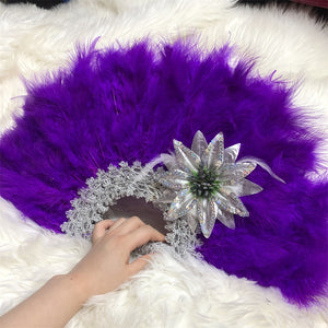 Purple African Turkey Feather Hand Fan Dance Wedding Decoration Fan with Applique Flower White Fan-FrenzyAfricanFashion.com