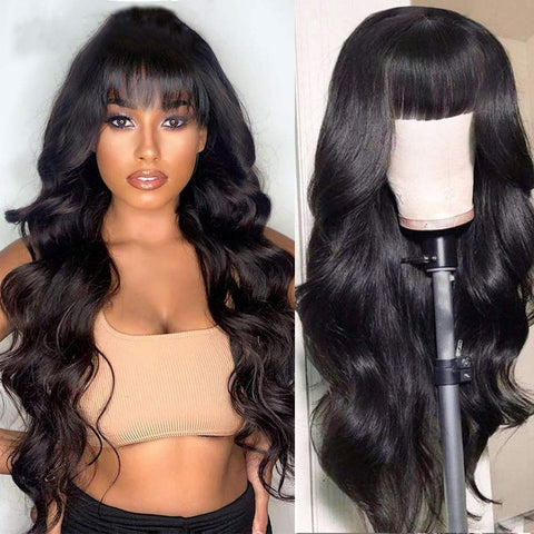Image of Body Wave Human Hair Wigs With Bangs Brazilian 30 Inch Full Machine Made Wig With Bang Long Natural Remy Human Hair For Women-FrenzyAfricanFashion.com