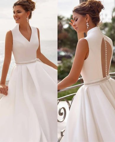 Image of Classic Long A-Line V-Neck Wedding Dresses with Pockets Floor Length Button Back Satin-FrenzyAfricanFashion.com