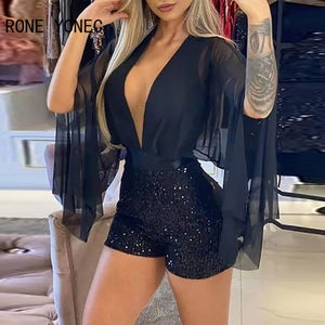 Women Solid Casual Chiffon Cape Sleeve Deep V neck Zipper sequins Sexy Rompers-FrenzyAfricanFashion.com
