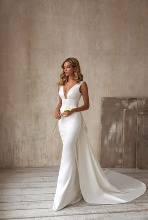 sexy V-neck sleeveless tail long dress white evening dress-FrenzyAfricanFashion.com
