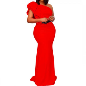 Women One Shoulder Maxi Long Dress Red Ruffles Evening Bodycon Gown-FrenzyAfricanFashion.com