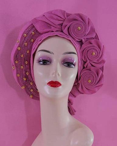 Image of Beautiful Pink Gele Headtie Aso Oke Gele Already Made Auto Gele Aso African Turban Cap With Beads-FrenzyAfricanFashion.com