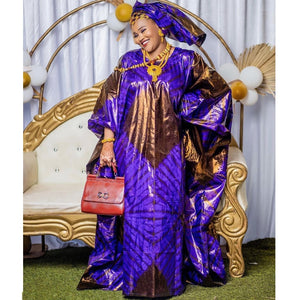 Purple African Dresses For Women Traditional Wedding Party Clothing Original Riche Dashiki Robe Printed Evening Gowns With Scarf-FrenzyAfricanFashion.com