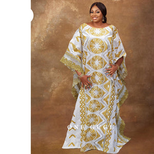Lace Bazin Riche Dress Dashiki Gold Brocade Embroiderey Wedding Party Gown-FrenzyAfricanFashion.com