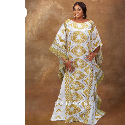 Image of Lace Bazin Riche Dress Dashiki Gold Brocade Embroiderey Wedding Party Gown-FrenzyAfricanFashion.com