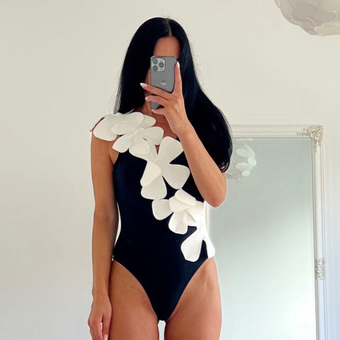 Image of One Piece Ruffle Swimsuit Floral Lace Up Swimwear Women Solid Bathing Suit Summer Beachwear-FrenzyAfricanFashion.com