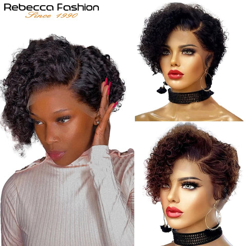 Image of Short Bob Wig Pixie Cut Wig Curly Human Hair Wigs For Women 13x1 Lace Front Transparent Deep Wave Lace Wig Preplucked Hairline-FrenzyAfricanFashion.com