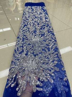 Royal Blue Luxury Sequin Lace Fabric African High Quality Beaded Tulle Fabric For Bride Dress Sewing-FrenzyAfricanFashion.com