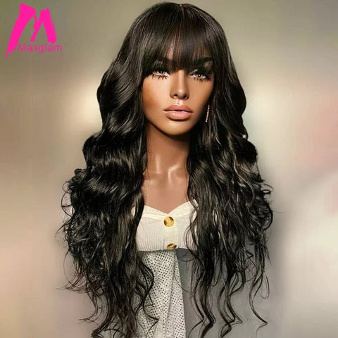 Image of Body Wave Human Hair Wigs With Bangs Brazilian 30 Inch Full Machine Made Wig With Bang Long Natural Remy Human Hair For Women-FrenzyAfricanFashion.com