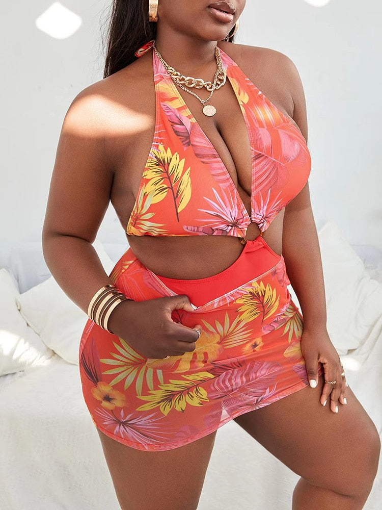 Halter Plus Size V Neck Push Up Bikini Swimsuits Bathing Suit With Mesh Sarong Skirt Swim dress-FrenzyAfricanFashion.com