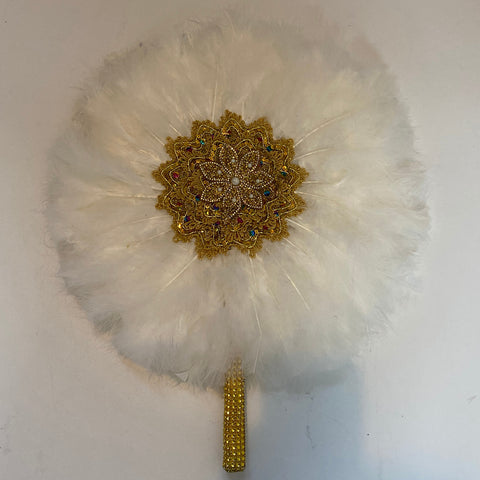 Image of White Turkey Feather Fan and Gold Handle Nigerian Dance Brides-FrenzyAfricanFashion.com
