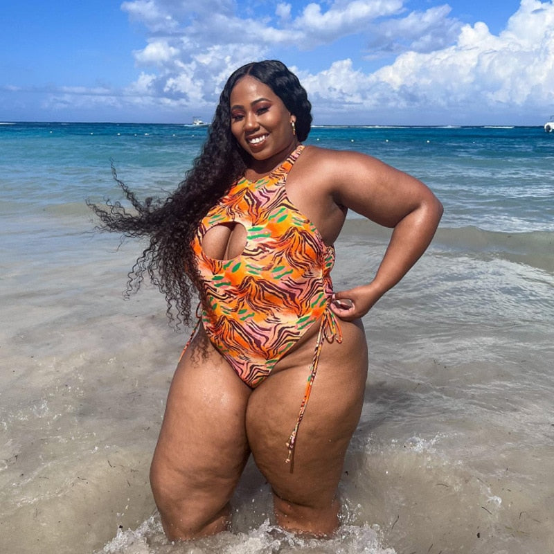 Plus-size women's one-piece swimwear Cut Out High Neck Bathing Suit Beach Wear-FrenzyAfricanFashion.com