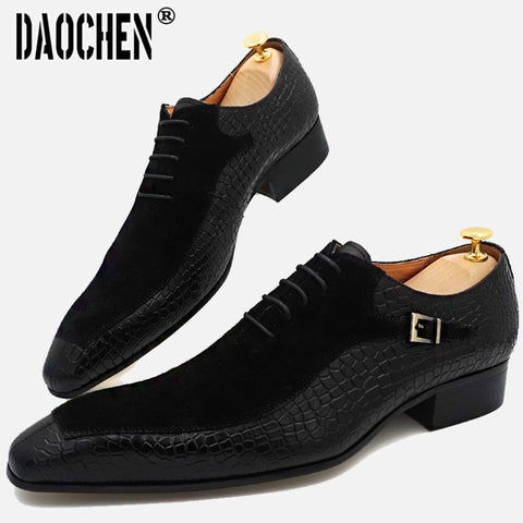 Image of Luxury Men Oxford Shoes Lace up Split Toe Coffee Black Formal Men Dress Shoes Suede Patchwork Crocodile prints Leather Shoes Men-FrenzyAfricanFashion.com