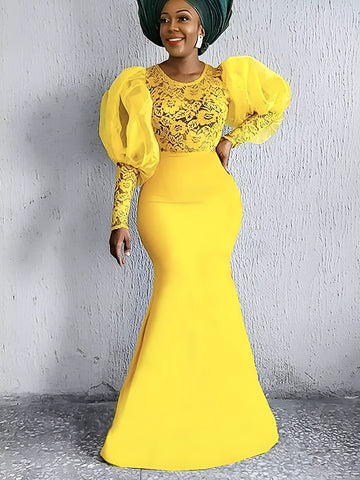 Image of Yellow Lace Evening Party Dresses Women Puff Big Long Sleeve-FrenzyAfricanFashion.com