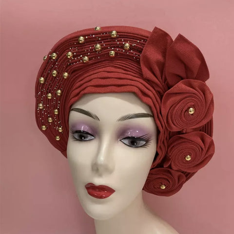 Image of Sego Gele Headtie Nigerian Headwear With Stone Beads Auto Turban Wide Trim-FrenzyAfricanFashion.com