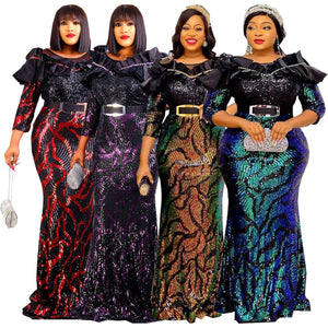 Elegant Glittering Evening Dress Sparkle Sequin Sexy Sheath Maxi Party Gowns Come With Belt-FrenzyAfricanFashion.com