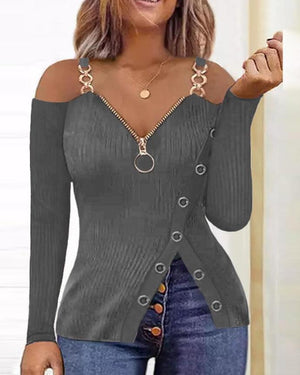 Zip Detail Cold Shoulder Top Elegant Lace Trim Cold Shoulder Chain Strap Top Long Sleeve V-Neck Solid Casual Streetwear Tops-FrenzyAfricanFashion.com