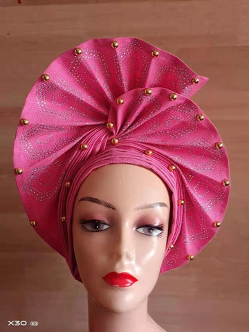 Image of Beautiful Pink Gele Headtie Aso Oke Gele Already Made Auto Gele Aso African Turban Cap With Beads-FrenzyAfricanFashion.com