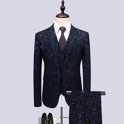 Floral Print 3 Piece Suit Set Men Luxury Bronzing Blazers Vest Trousers-FrenzyAfricanFashion.com