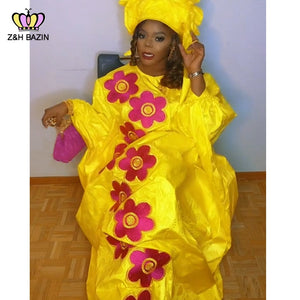 African Dresses For Woman Plus Size Bazin Riche Robe Embroidery With Embroidery Original Basin Floor Long Dresses With Scarf-FrenzyAfricanFashion.com