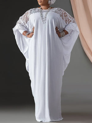 Summer Kaftan Dress Women Lace Patchwork Maxi Long Dresses Long Sleeve O Neck Solid-FrenzyAfricanFashion.com