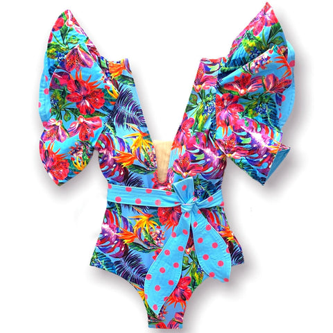 Image of Floral Printed Deep V-neck Ruffle Swimsuit Push Up One Piece Backless Monokini-FrenzyAfricanFashion.com