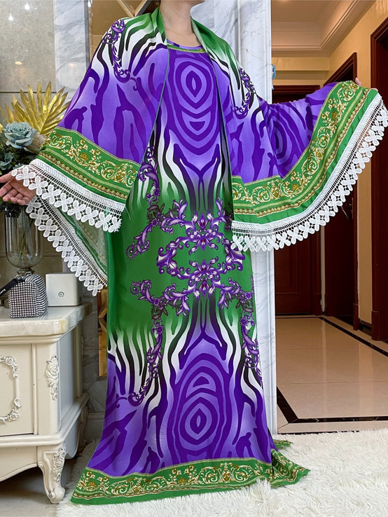 African Dress With Big Scarf Short Sleeve-FrenzyAfricanFashion.com
