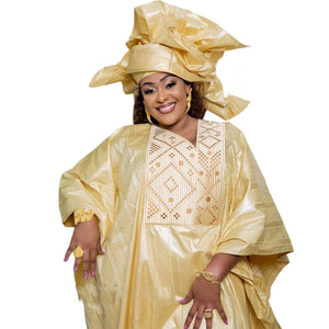African Plu Size Dresses For Women Bazin Riche Emboridered Free Floor Length Dress Scarf-FrenzyAfricanFashion.com