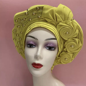 Sego Gele Headtie Nigerian Headwear With Stone Beads Auto Turban Wide Trim-FrenzyAfricanFashion.com