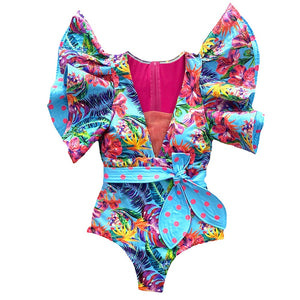 Swimwear Deep V-neck Ruffle Up One Piece Swimsuit Beach Wear Backless Monokini-FrenzyAfricanFashion.com