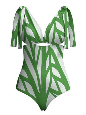 One Piece Swimwear Women Sexy Stripe Print Deep V-Neck  Bikini Swimsuit Hot Sale