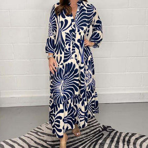 Chic Casual 3/4 Sleeve Loose Pleated Party Dress Summer Women O-neck Long Dress Spring Graphic Single Breasted Bohe Dresses-FrenzyAfricanFashion.com