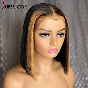 Highlight T-Part Lace Bob Wig, Pre-Plucked Peruvian Remy Straight Human Hair-FrenzyAfricanFashion.com