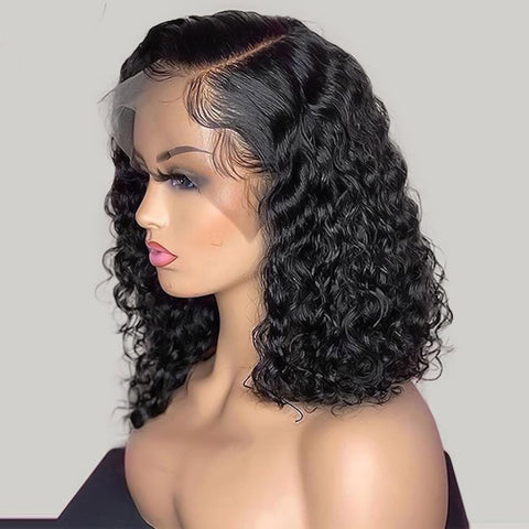 Image of Bob Lace Wig Black Curly For Women Deep Water Curly Wave Human Hair Wigs 100% Remy Natural Hair Short Lace Frontal T Part Wig-FrenzyAfricanFashion.com