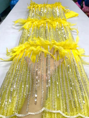 3D Feather Lace Fabric Hot Yellow Fabrics For Wedding 5 Yards-FrenzyAfricanFashion.com