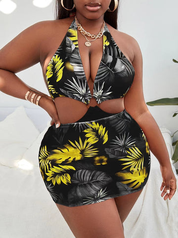 Image of Halter Plus Size V Neck Push Up Bikini Swimsuits Bathing Suit With Mesh Sarong Skirt Swim dress-FrenzyAfricanFashion.com