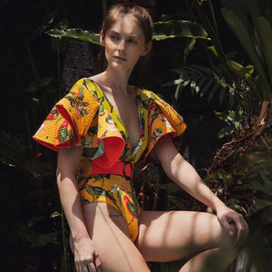 Women High Waist Printed Wide Shoulder Straps Ruffle Blue Swimwear