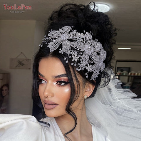 Image of Rhinestone Bridal Headband Big Flower Shape Headdress for Women Crystal Hollow Wedding Headpiece Zircon Headwear-FrenzyAfricanFashion.com