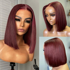 Straight Short Bob Human Hair Wig For Women Blunt Cut Bone Straight Lace Frontal Wigs Burgundy 99J Lace Front Bob Wig Straight-FrenzyAfricanFashion.com