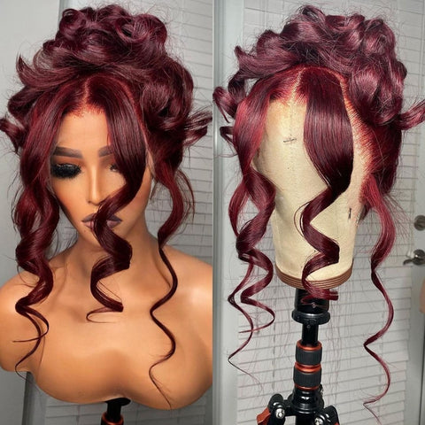 Image of Body Wave Burgundy Lace Front Wig 13x4x1 Middle Part Wine Red Synthetic Lace Wigs for Women Heat Resistant Hair for Party-FrenzyAfricanFashion.com