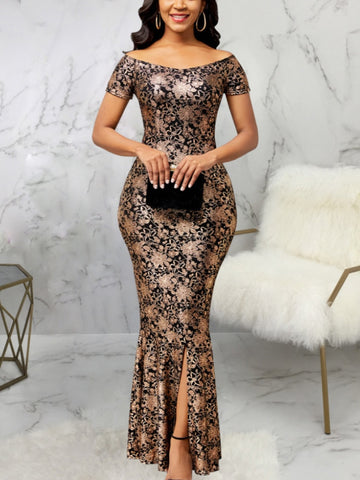 Image of Floral Print Dress Fashion Autumn Slim Fit Off Shoulder Elegant-FrenzyAfricanFashion.com