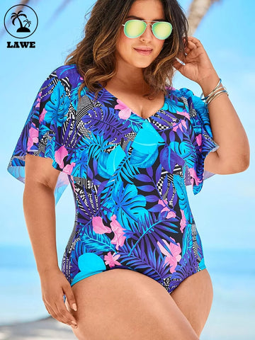 Image of Plus Size Ruffle One Piece Swimsuit Women Off Shoulder Swimwear Leaf Print Summer Slimming Beach Bathing Suit-FrenzyAfricanFashion.com