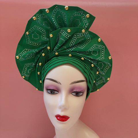 Image of Sego Gele Headtie Nigerian Headwear With Stone Beads Auto Turban Wide Trim-FrenzyAfricanFashion.com