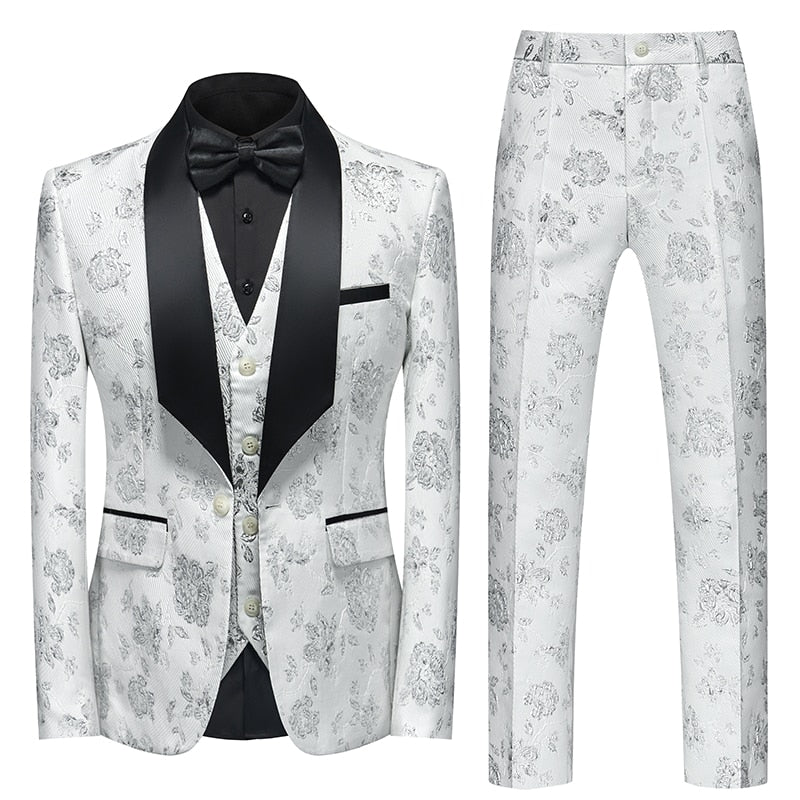 Flower Pattern Suits 3 Pcs Set Dress Blazers Jacket Pants Vest Coat-FrenzyAfricanFashion.com