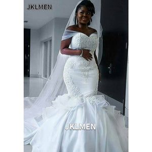 Elegant Satin Vintage Mermaid Wedding Dress Tulle Straps White Lace Trumpet Bridal Gown-FrenzyAfricanFashion.com