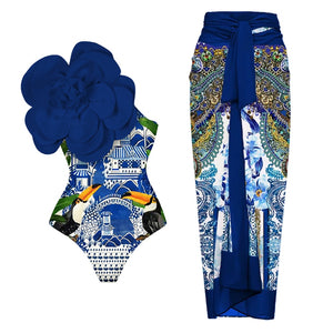 Blue Fashion Printed One-Piece Swimsuit with Cover Up-FrenzyAfricanFashion.com