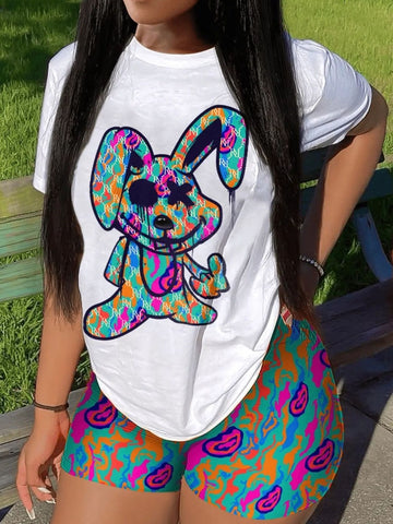 Image of Multicolor Two Pieces Shorts Suits Cartoon Mixed Print Shorts Set Short Sleeve Pullover White Print Bottoms Outfits-FrenzyAfricanFashion.com