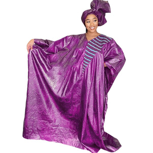 African Plu Size Dresses For Women Bazin Riche Emboridered Free Floor Length Dress Scarf-FrenzyAfricanFashion.com